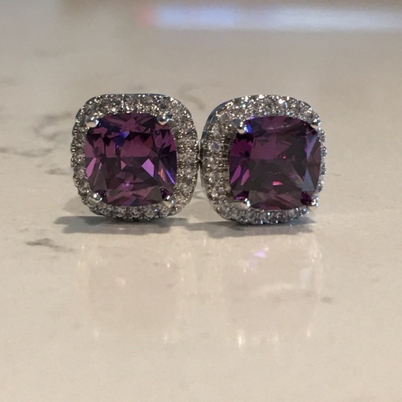 925 Silver Amethyst & Sapphire Halo Cut Earrings - Picture 4 of 12